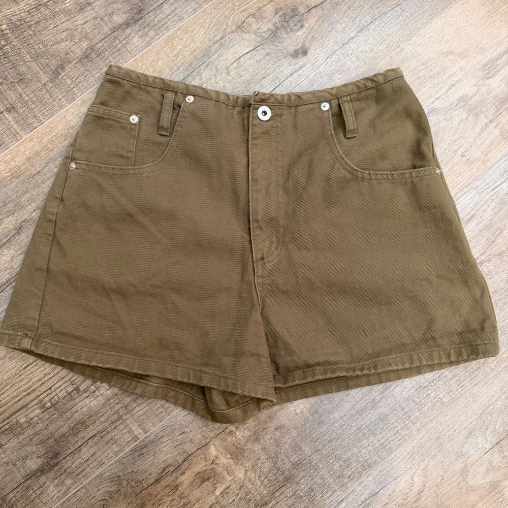 Vtg EXP Jeans by Express Women 11/12 Green Denim Short High Waist USA Retro Boho